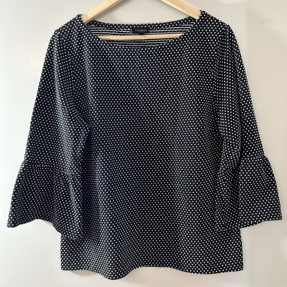 TALBOTS Blouse Women's Large Polka Dot Texture Knit Top  3/4 Bell Sleeves Boho